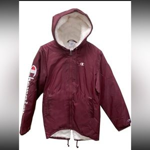 Champion Mens Medium Stadium Jacket w/ Hoodie Sherpa Lined Mulled Berry